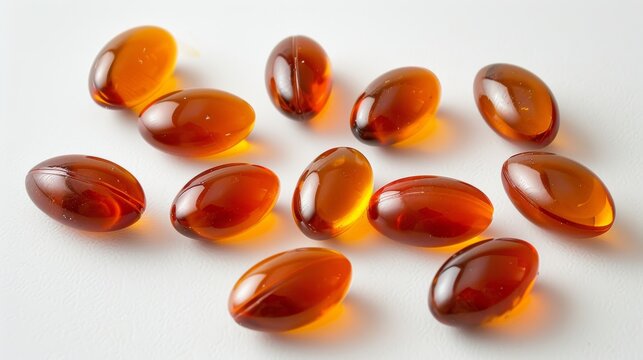 Fish oil pill, omega 3, isolated on white background. Oval oil capsule softgels. AI generated