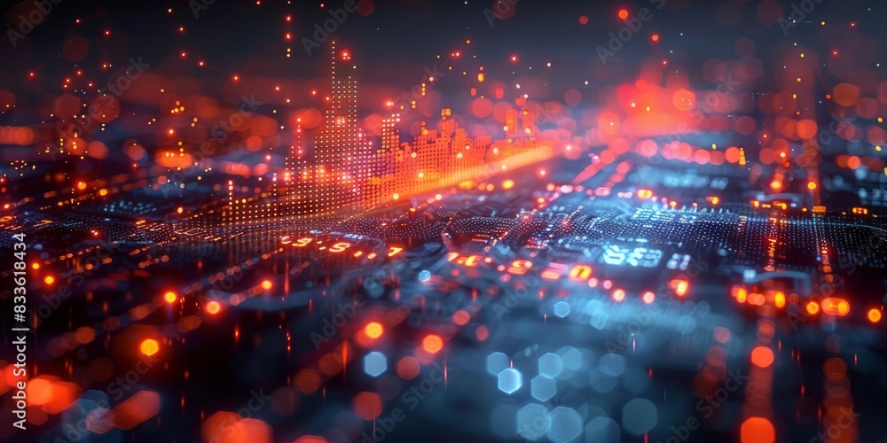 Poster abstract futuristic cityscape with glowing digital data points and circuits in red and blue hues