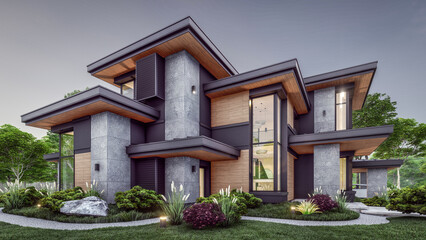 3d rendering of modern two story house with gray and wood accents, large windows, parking space in the right side of the building. Clear summer evening with cozy light from window