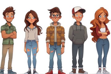 Five youthful 2D illustrated characters stand side by side, exuding unique styles and personalities