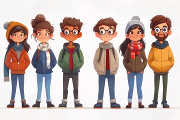 The image portrays six animated children side by side, dressed in cozy winter attire and facing forward