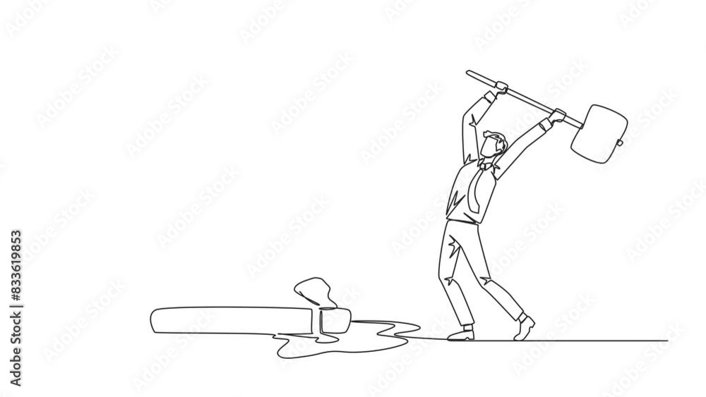 Poster animated self drawing of continuous one line drawing businessman preparing to hit the big hourglass.