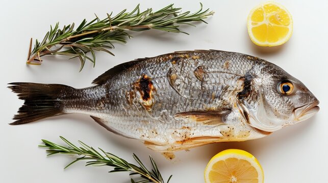 Fish baked with herbs and lemon, on a white background. Fish protein - Powered by Adobe