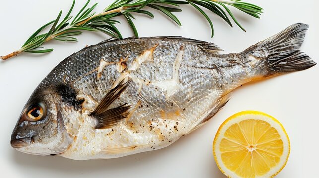 Fish baked with herbs and lemon, on a white background. Fish protein - Powered by Adobe