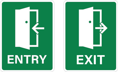Bundle dreen rectangle entry and exit sign, with arrow toward opened door illustration