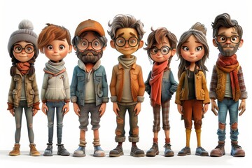 Fototapeta premium Rendered 3D cartoon characters display different ages, from young child to elderly, in stylish outfits