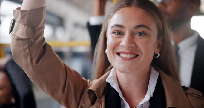 Business woman and face and bus travel with smile on public transport or commute, corporate or downtown. Female person, portrait and metro for city travel as law intern in Boston, journey or urban