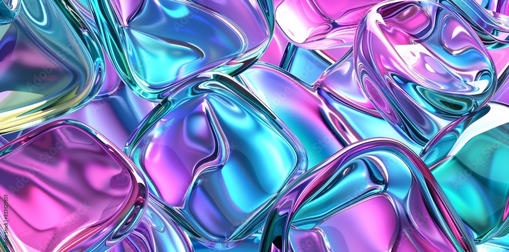 Poster 3d render, abstract background with colorful glass shapes and shiny curves in the style of a blue pi