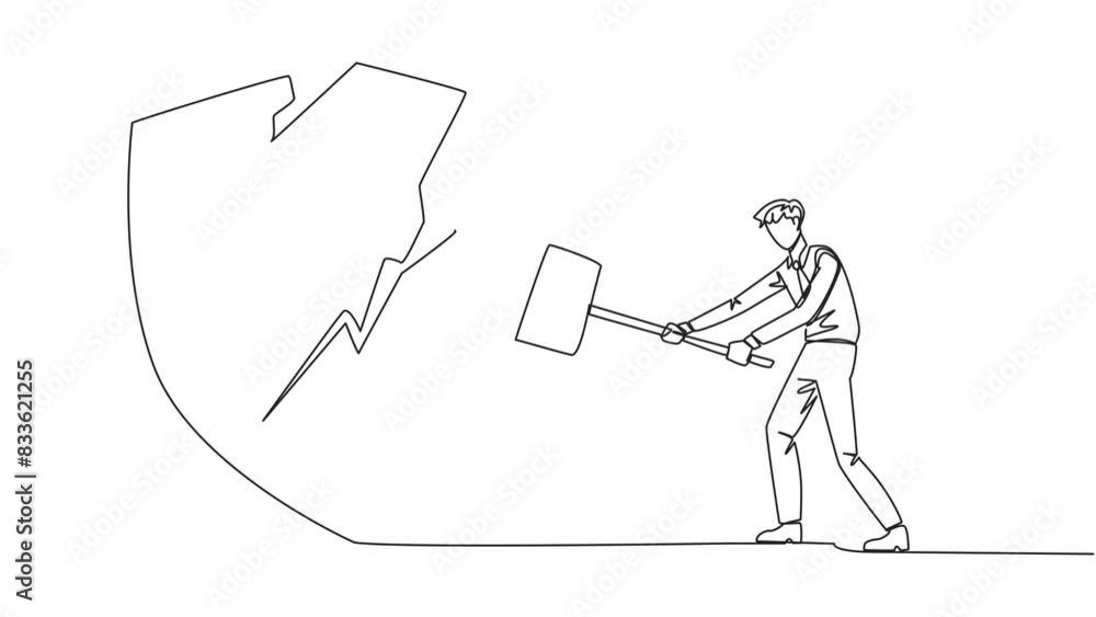 Aufkleber self drawing animation of continuous one line drawing businessman preparing to hit shield. rampage. 