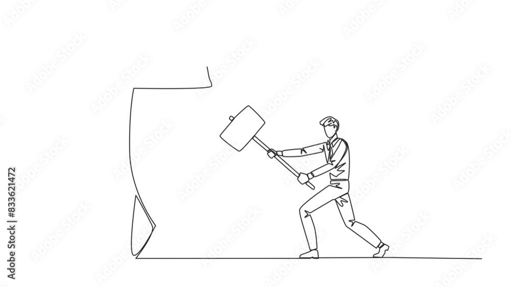 Poster animation of continuous one line drawing businessman preparing to hit a standing rocket. rampage. no
