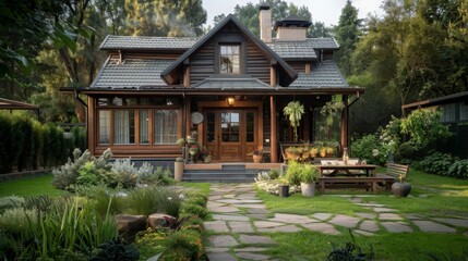 A cozy cottage house design with a charming front porch, lush garden, and rustic wooden elements