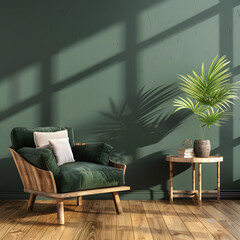 Modern wooden living , Living room interior has an green armchair on empty dark green wall background, room, Light room with sofa and armchair on empty dark green wall background,