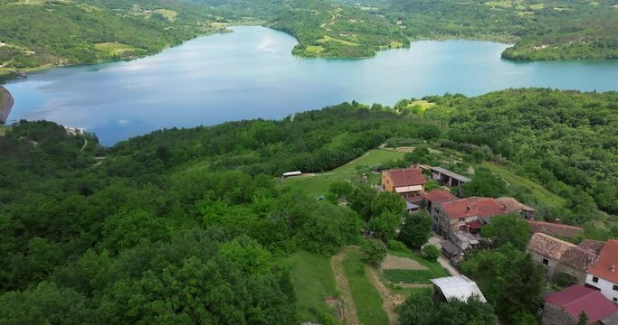 Aerial view of an old village in front og Butoniga Lake, central Istra, Croatia