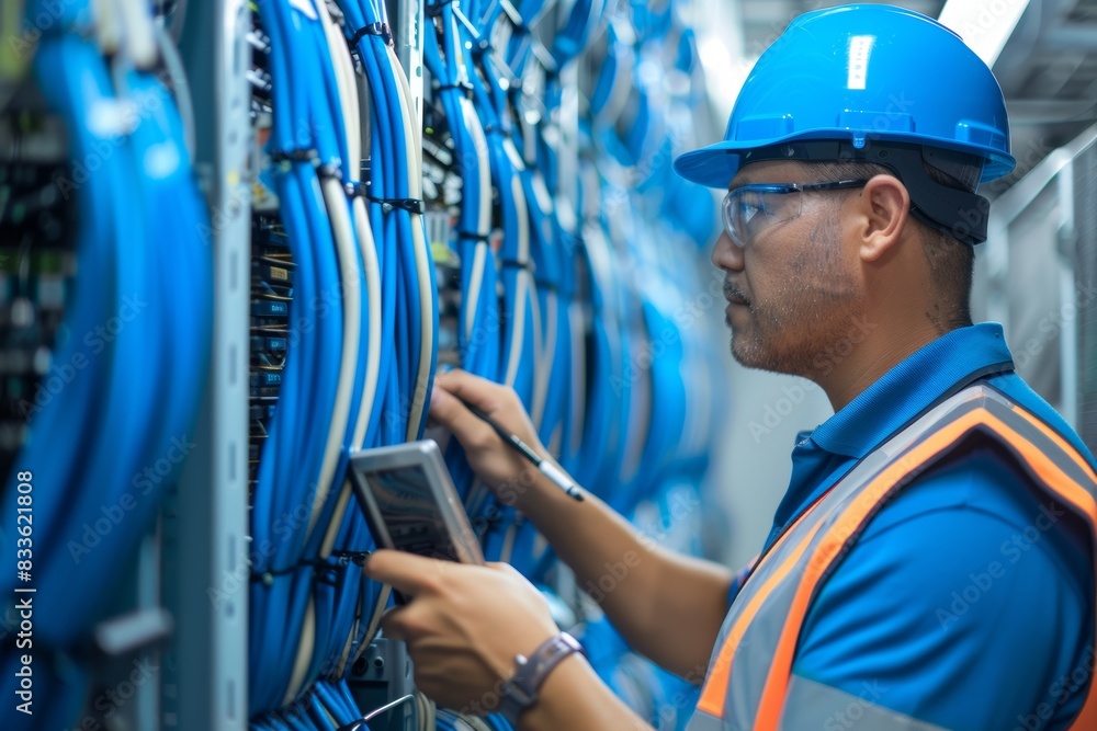 Poster it cybersecurity data center maintenance, server room programming, and inspection with man, engineer