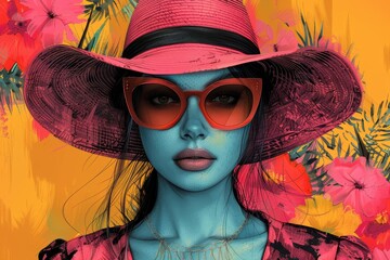 Digital art of a woman with a wide-brim hat and sunglasses against orange flowers