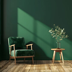 Modern wooden living , Living room interior has an green armchair on empty dark green wall background, room, Light room with sofa and armchair on empty dark green wall background,