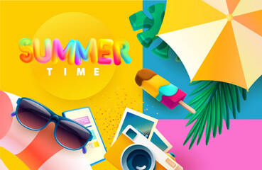 Summer time poster design. Colorful letters with sunglasses, ice cream, camera on bright background. Vector holiday concept.
