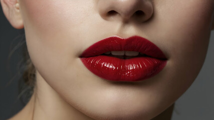 Obraz premium Close-up Shot of Woman Lips with Glossy Red Lipstick. Glamour Red Lips Make-up, Purity Skin. Retro Beauty Style Stock Photo
