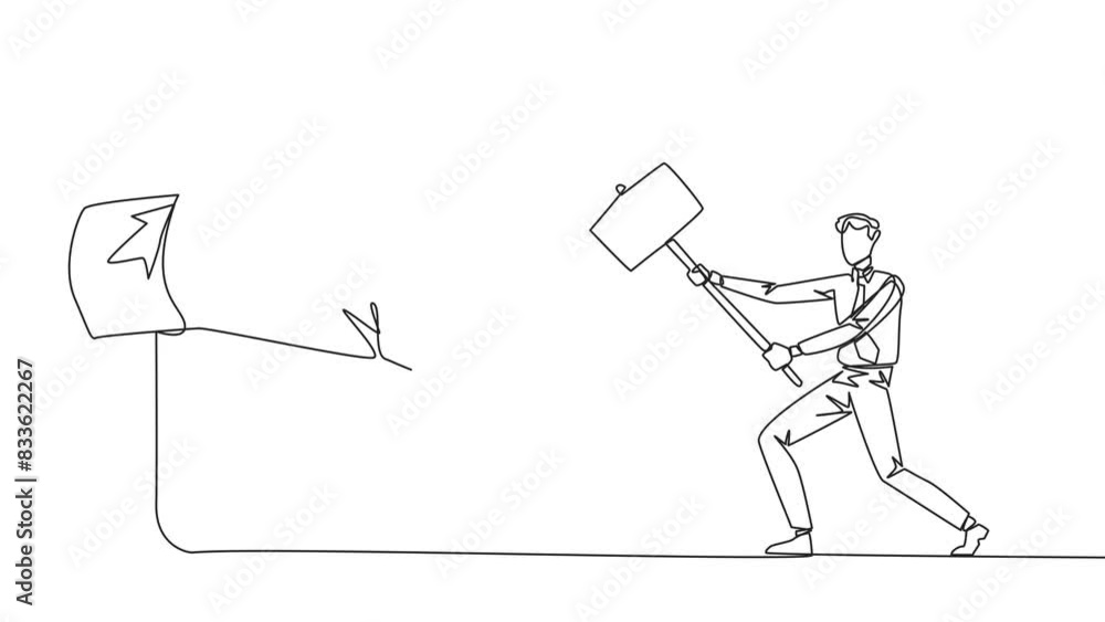 Poster self drawing animation of single continuous line drawing businessman preparing to hit a big megaphon