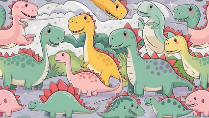 seamless pattern with different types of cute dino