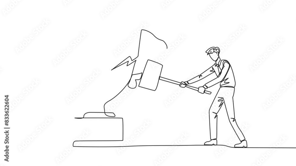 Poster animation of single one line drawing businessman preparing to hit the big trophy. rampage. expressin
