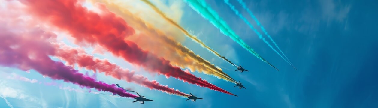 Colorful smoke trails from jets in blue sky
