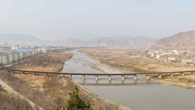 China, Tumen city, North-Korea border, Jilin province, Yanbian Korean Autonomous Prefecture, panoramic view of bridges across Tumen river, to Namyang city in North Korea