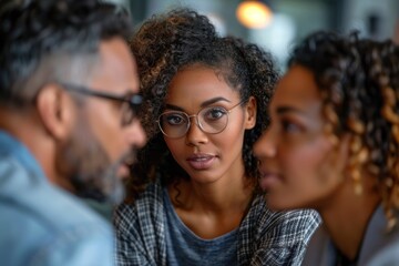 Fototapeta premium A woman with glasses is talking to two other women