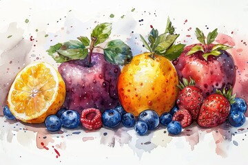 A set of fruits depicted in watercolor, complemented by expressive paint splashes