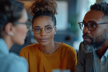 A woman wearing glasses is talking to two men