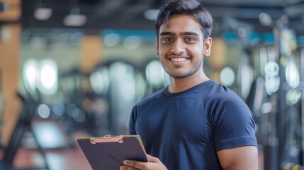 In gym, personal trainer with clipboard advises sports customer. Muscular, athletic, and smiling fitness coach shares health, wellbeing, and exercise with flair.