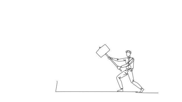 Animation of single one line drawing businessman preparing to hit a big swinging pendulum. Metaphor eliminate business distractions. Number one to be a business keeper. Full length motion