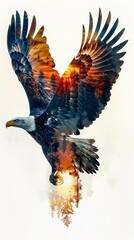 Fototapeta premium Double exposure of a majestic flying eagle with forest landscape at sunrise, symbolizing freedom and nature's beauty.