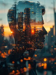Fototapeta premium Double exposure of a man's silhouette and a cityscape at sunset, merging urban life with human introspection in a captivating visual blend.