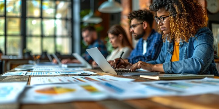 Diverse team of professionals working on laptops with financial documents spread on the table
