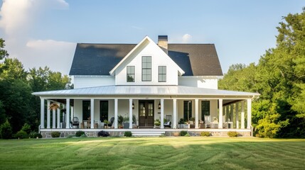 Obraz premium A farmhouse-inspired house design with a large front porch, white clapboard siding, and rustic accents