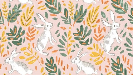Fototapeta premium Seamless Pattern with Hand Drawn Rabbit and Leaf Design on Light Pink Background wallpaper