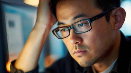 Asian man, exhausted with laptop at office for glitch, problem, proposal, idea, or burnout. Businessman, computer, stress, depression, or headache for 404 error