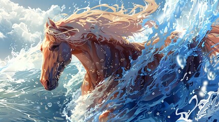 Powerful Horse Galloping Through Crashing Ocean Waves on Coastal Shore