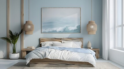 A coastalinspired bedroom with light blue and white decor, featuring an elegant wooden bed frame, soft pastel pillows on the mattress, and a large painting of waves hanging above it.