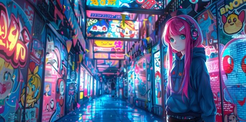 Bright anime style illustration depicting an adorable girl with pink hair, wearing a blue hoodie and black pants, standing in a school hallway.