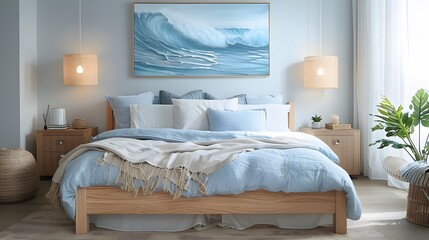 A coastalinspired bedroom with light blue and white decor, featuring an elegant wooden bed frame, soft pastel pillows on the mattress, and a large painting of waves hanging above it.