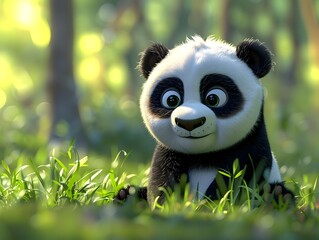 Naklejka premium Adorable Panda Cub Exploring Lush Green Forest