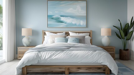 A coastalinspired bedroom with light blue and white decor, featuring an elegant wooden bed frame, soft pastel pillows on the mattress, and a large painting of waves hanging above it.