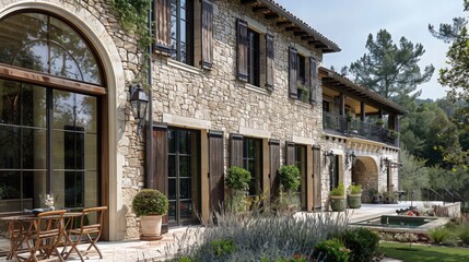 A French country house design with stone facades, charming shutters, and a rustic yet elegant interior