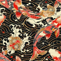 a image of a pattern of koi fish and waves