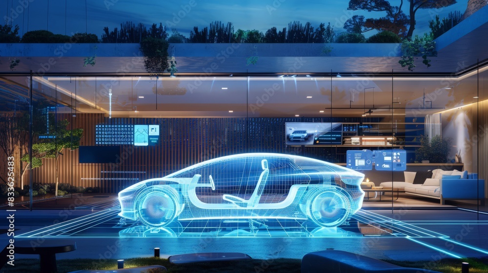 Poster a future car integrates with smart home systems, allowing users to control home devices and security