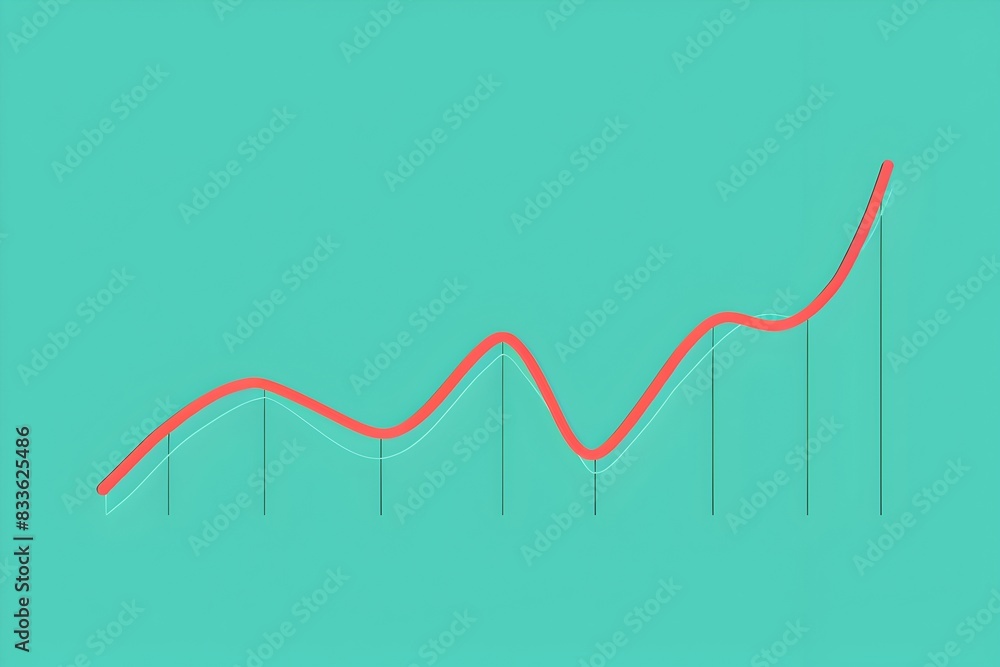 Poster a simple cartoon style line drawing of an upward trending graph with wavy lines on a solid teal back
