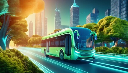 Obraz premium Electric bus charging in the city. Concept of eco-friendly transport. 3D illustration. Sustainable energy. Electric vehicle. Green Energy Concept with Copy Space.