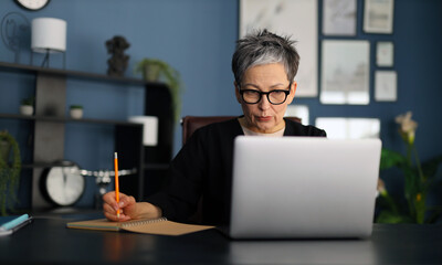 Caucasian businesswoman entrepreneur working on laptop at desk in modern office, looking...